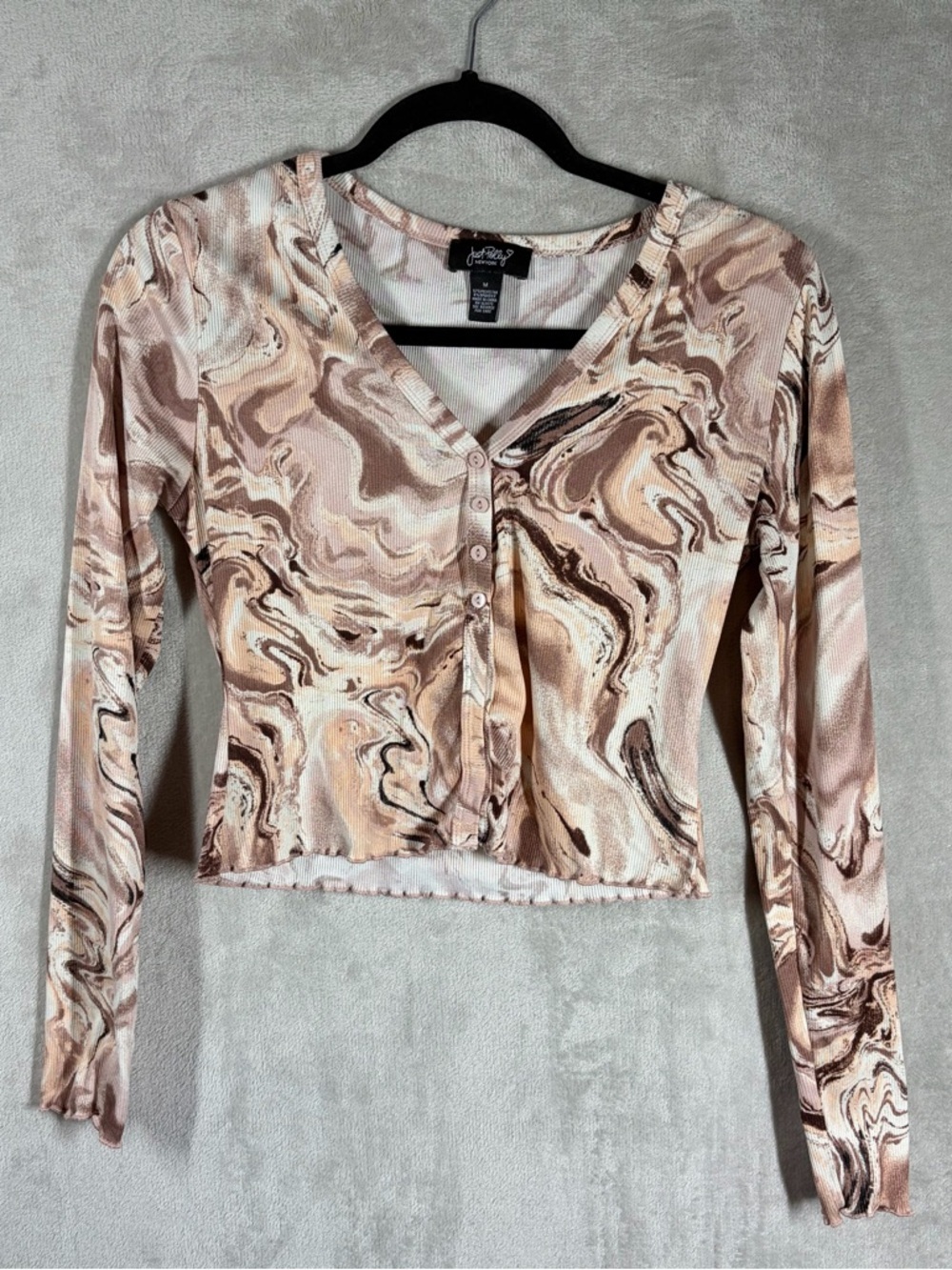Just Polly Marble Swirl Crop Top Size‎ M Brown Long Sleeve Y2K Manic Pixie